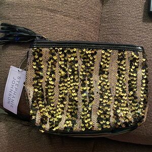 (NWT) STEPHANIE JOHNSON sequins zip top make-up bag or clutch with tassel.